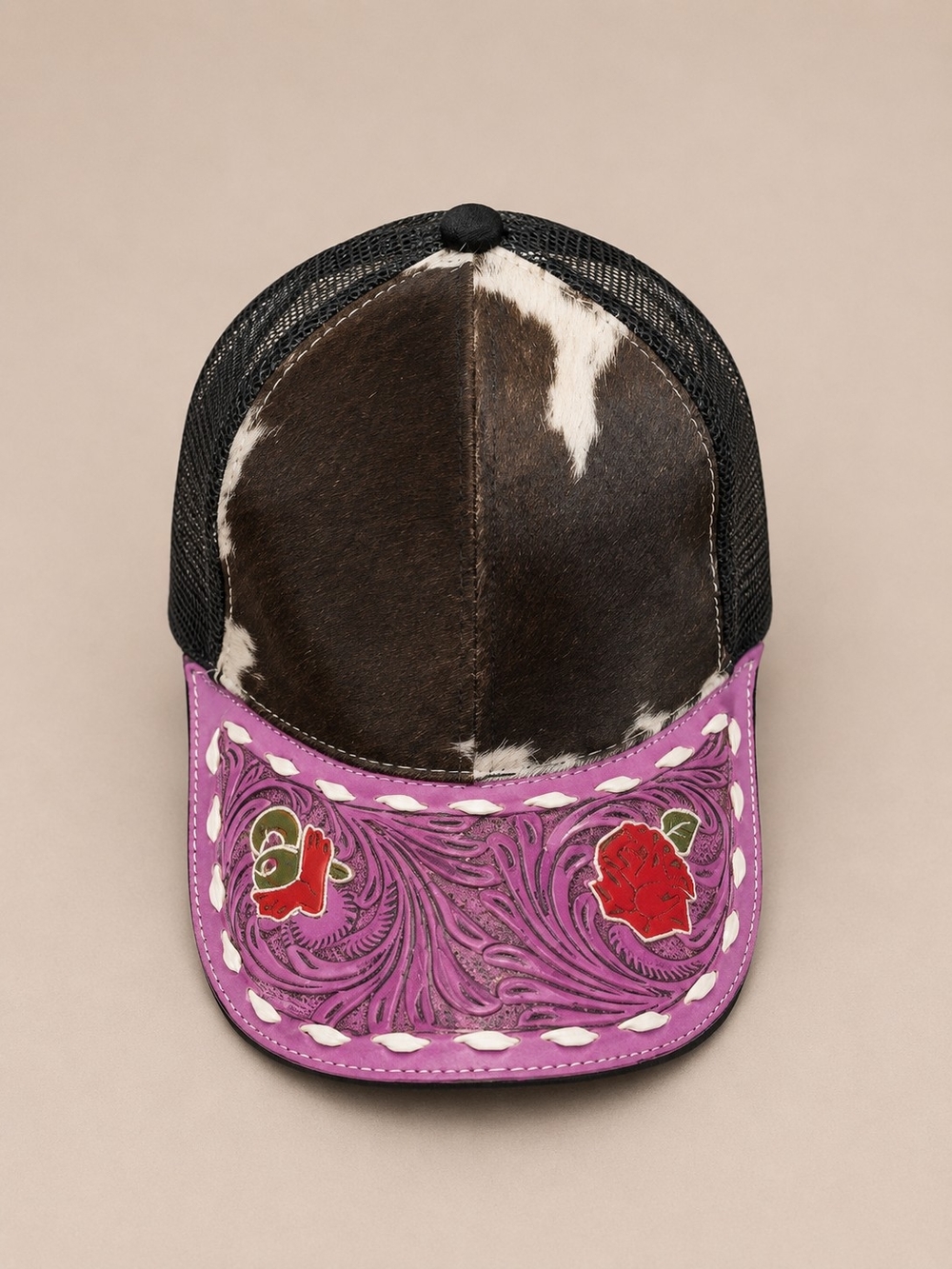 Pink Tooled Leather & Cowhide Trucker Hat - NWOT